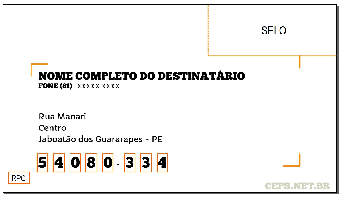 CEP JABOATÃO DOS GUARARAPES - PE, DDD 81, CEP 54080334, RUA MANARI, BAIRRO CENTRO.