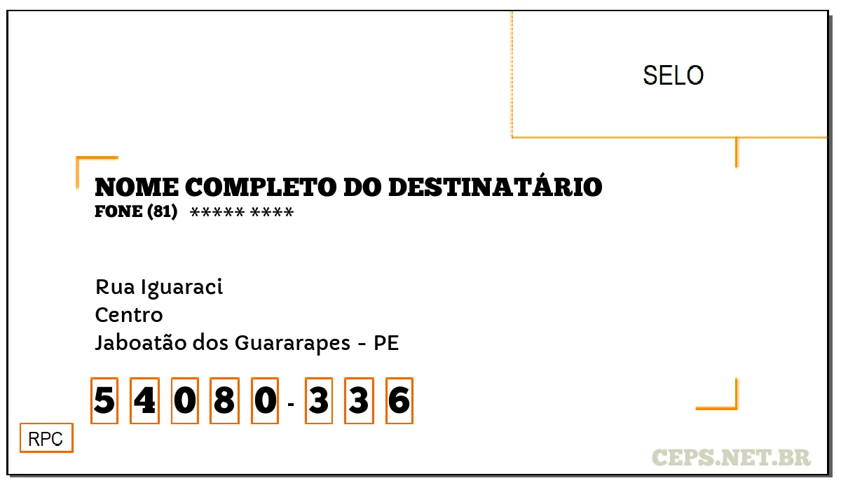 CEP JABOATÃO DOS GUARARAPES - PE, DDD 81, CEP 54080336, RUA IGUARACI, BAIRRO CENTRO.