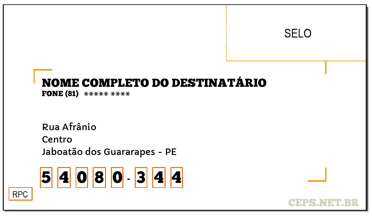 CEP JABOATÃO DOS GUARARAPES - PE, DDD 81, CEP 54080344, RUA AFRÂNIO, BAIRRO CENTRO.