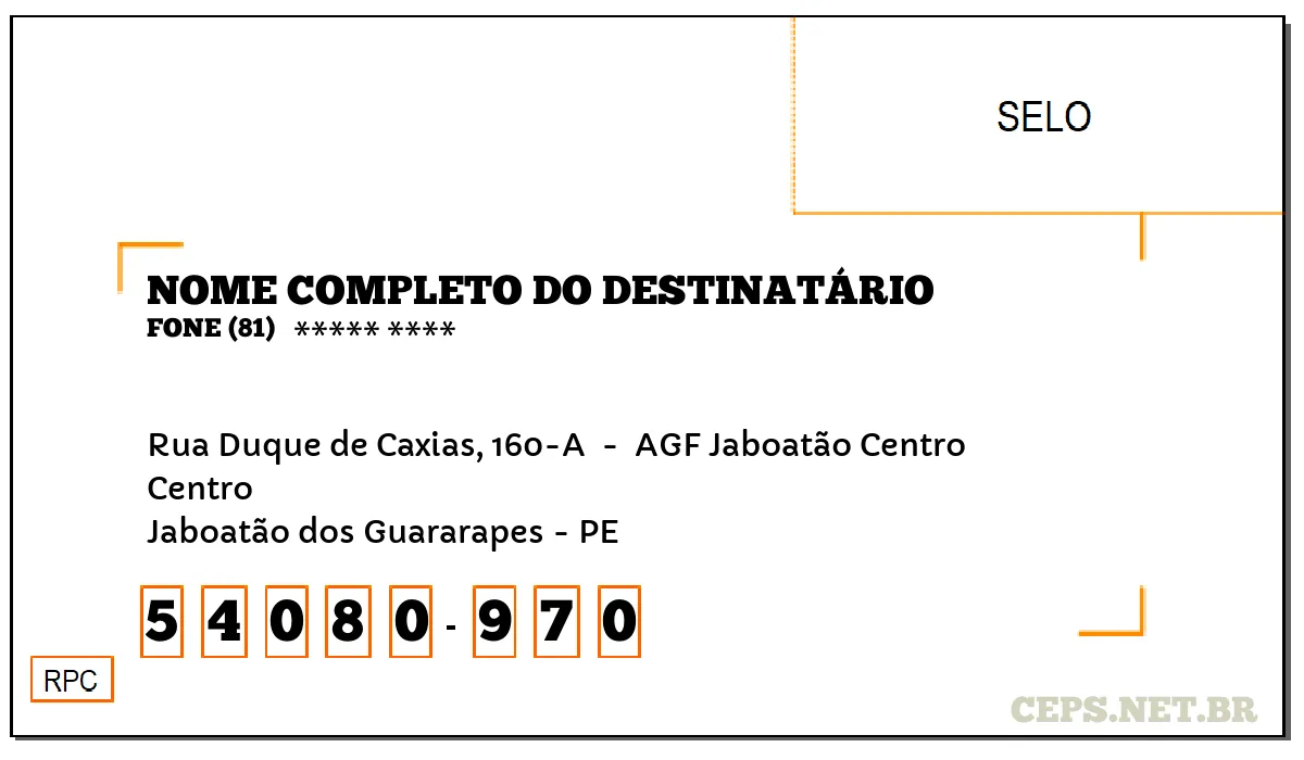 CEP JABOATÃO DOS GUARARAPES - PE, DDD 81, CEP 54080970, RUA DUQUE DE CAXIAS, 160-A , BAIRRO CENTRO.