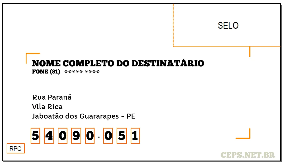 CEP JABOATÃO DOS GUARARAPES - PE, DDD 81, CEP 54090051, RUA PARANÁ, BAIRRO VILA RICA.