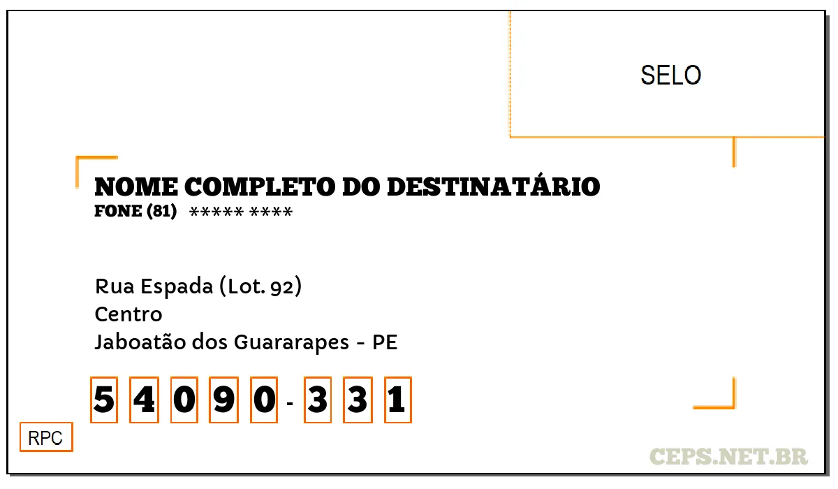 CEP JABOATÃO DOS GUARARAPES - PE, DDD 81, CEP 54090331, RUA ESPADA (LOT. 92), BAIRRO CENTRO.