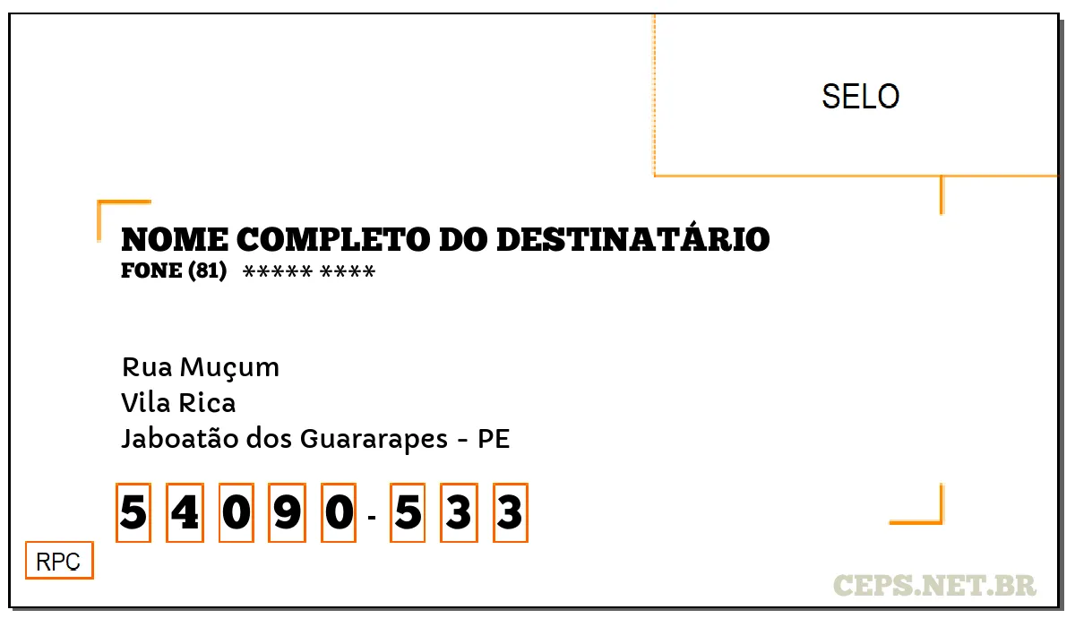 CEP JABOATÃO DOS GUARARAPES - PE, DDD 81, CEP 54090533, RUA MUÇUM, BAIRRO VILA RICA.