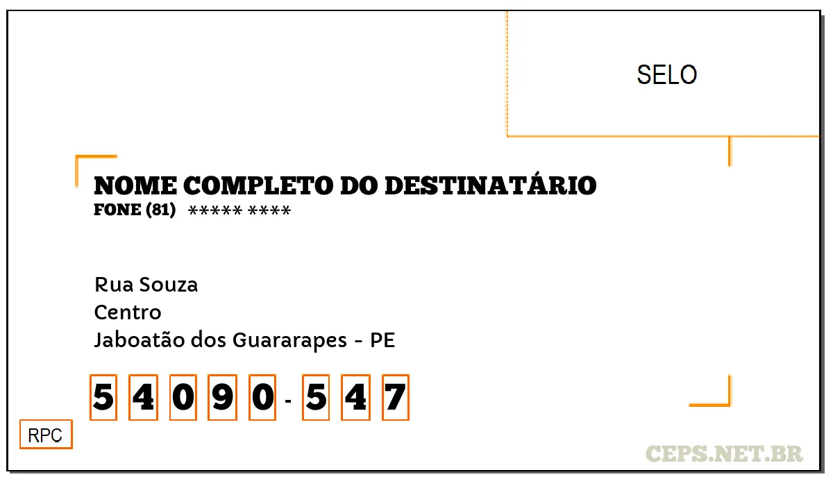 CEP JABOATÃO DOS GUARARAPES - PE, DDD 81, CEP 54090547, RUA SOUZA, BAIRRO CENTRO.