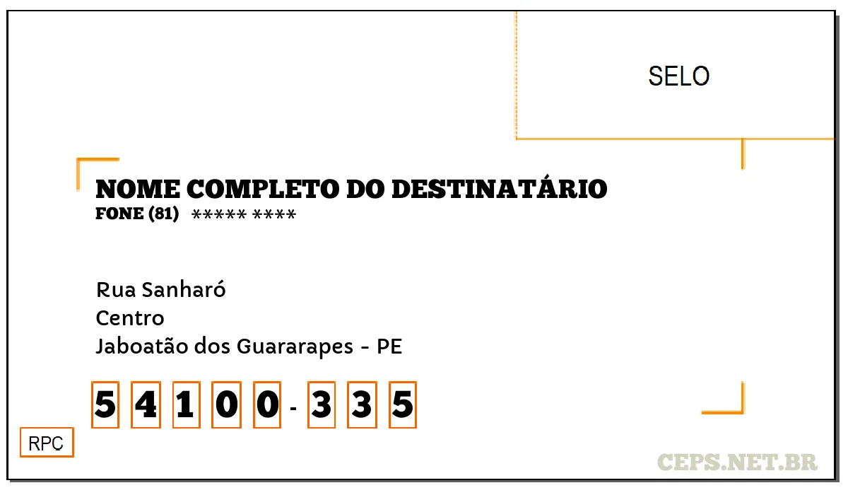 CEP JABOATÃO DOS GUARARAPES - PE, DDD 81, CEP 54100335, RUA SANHARÓ, BAIRRO CENTRO.