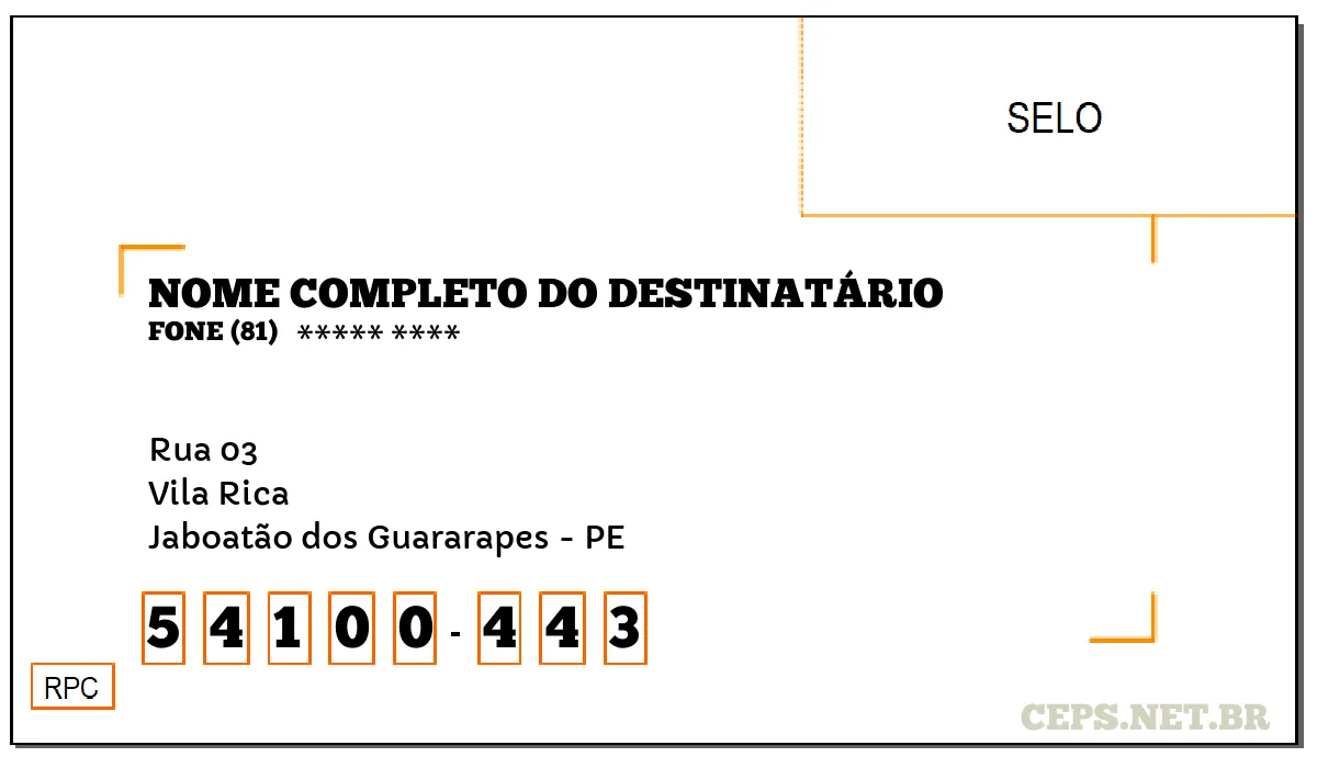 CEP JABOATÃO DOS GUARARAPES - PE, DDD 81, CEP 54100443, RUA 03, BAIRRO VILA RICA.