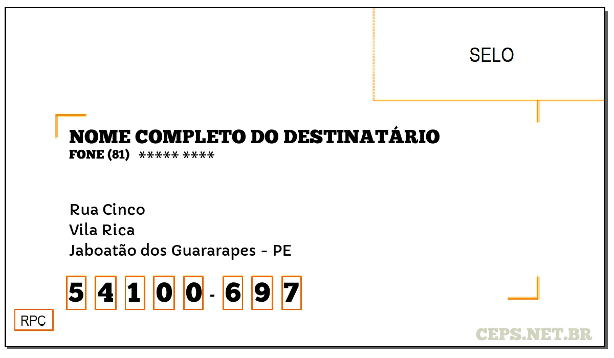 CEP JABOATÃO DOS GUARARAPES - PE, DDD 81, CEP 54100697, RUA CINCO, BAIRRO VILA RICA.