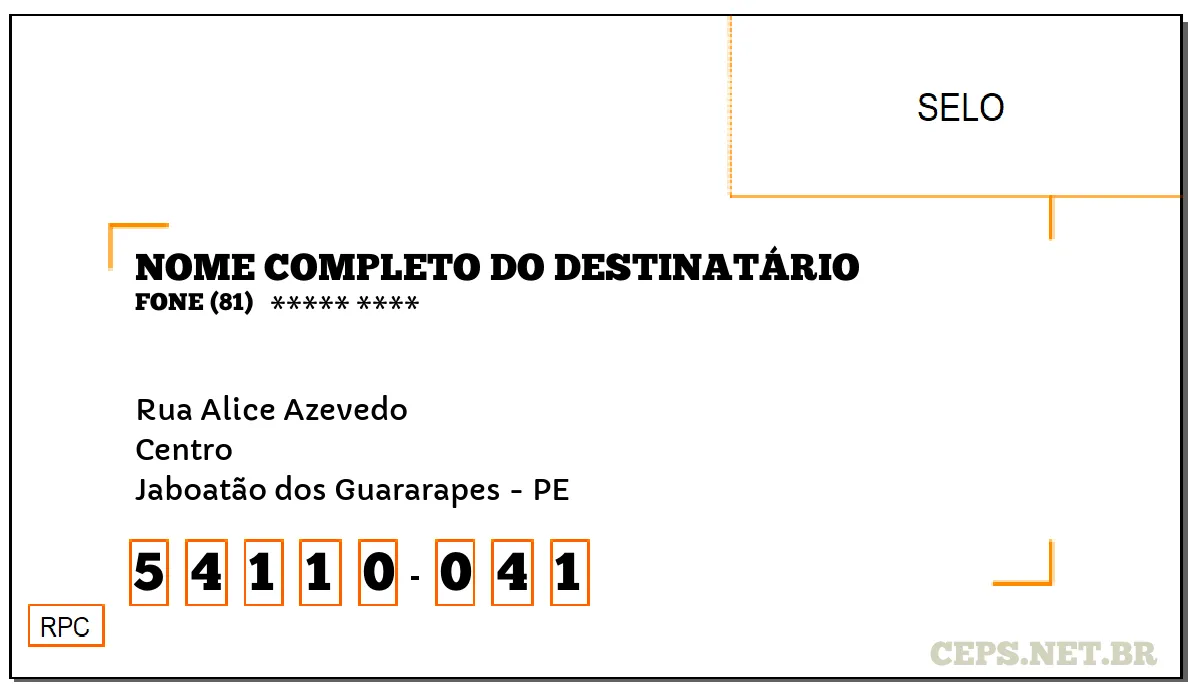 CEP JABOATÃO DOS GUARARAPES - PE, DDD 81, CEP 54110041, RUA ALICE AZEVEDO, BAIRRO CENTRO.