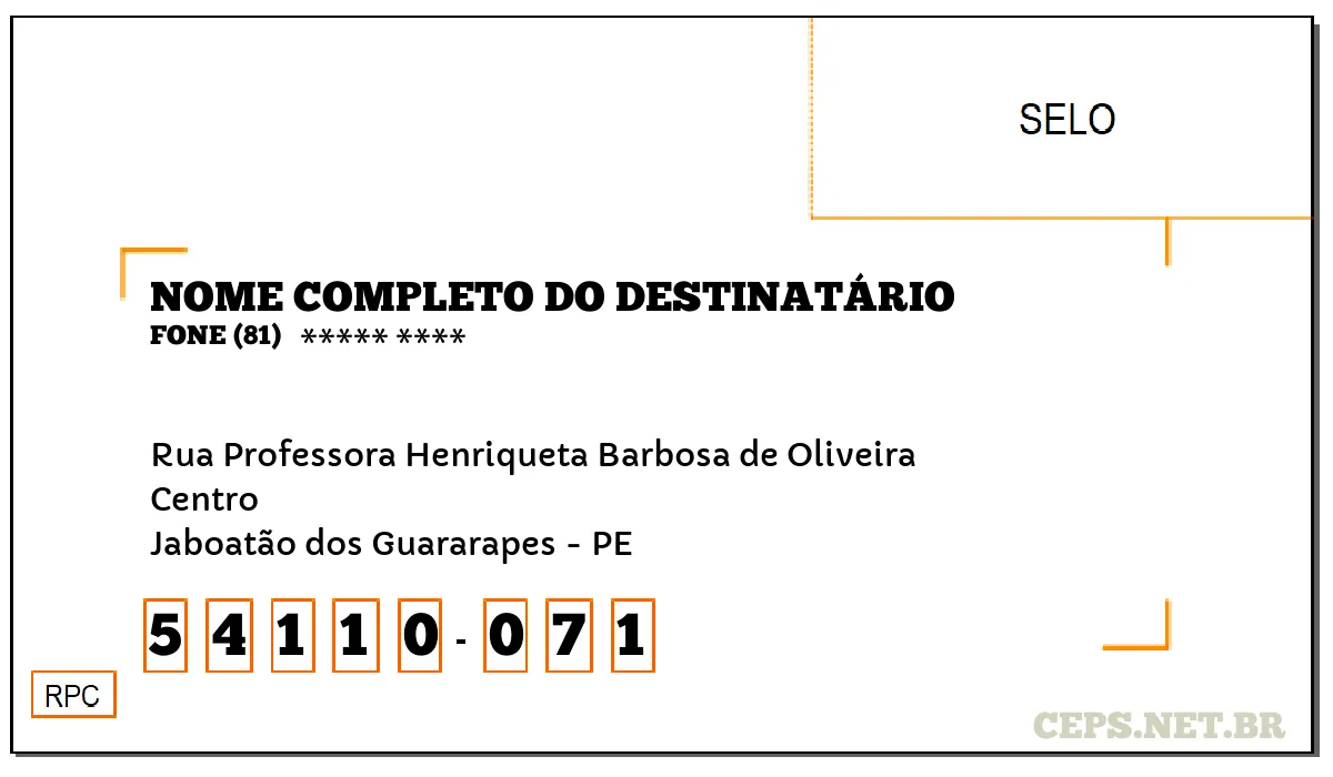 CEP JABOATÃO DOS GUARARAPES - PE, DDD 81, CEP 54110071, RUA PROFESSORA HENRIQUETA BARBOSA DE OLIVEIRA, BAIRRO CENTRO.