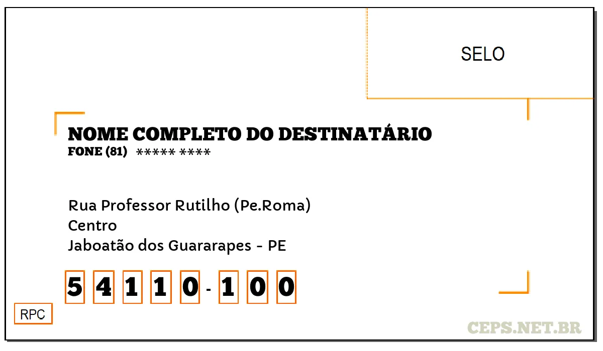 CEP JABOATÃO DOS GUARARAPES - PE, DDD 81, CEP 54110100, RUA PROFESSOR RUTILHO (PE.ROMA), BAIRRO CENTRO.