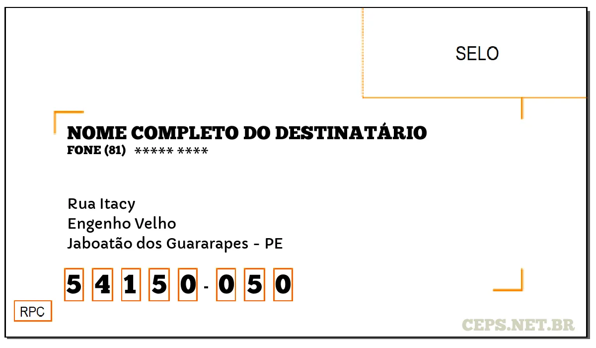 CEP JABOATÃO DOS GUARARAPES - PE, DDD 81, CEP 54150050, RUA ITACY, BAIRRO ENGENHO VELHO.