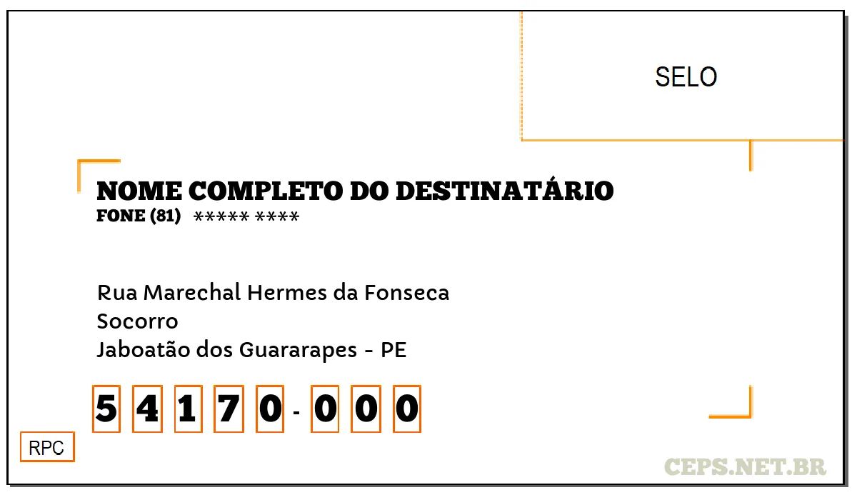CEP JABOATÃO DOS GUARARAPES - PE, DDD 81, CEP 54170000, RUA MARECHAL HERMES DA FONSECA, BAIRRO SOCORRO.