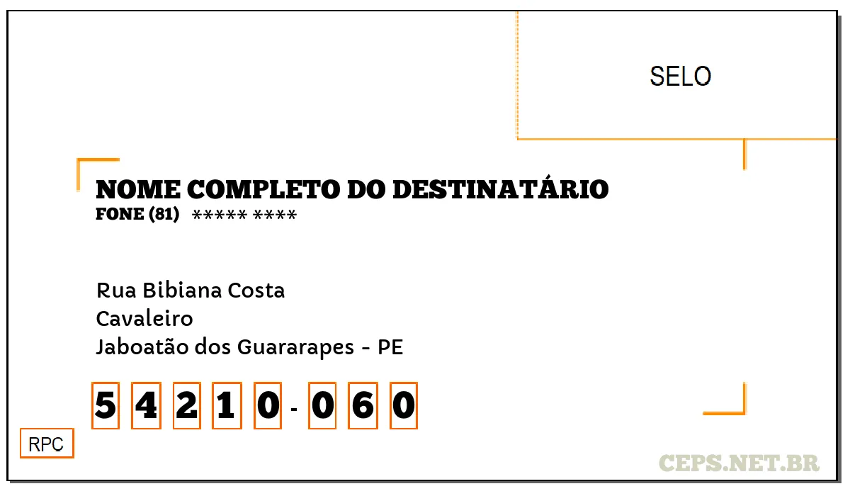 CEP JABOATÃO DOS GUARARAPES - PE, DDD 81, CEP 54210060, RUA BIBIANA COSTA, BAIRRO CAVALEIRO.