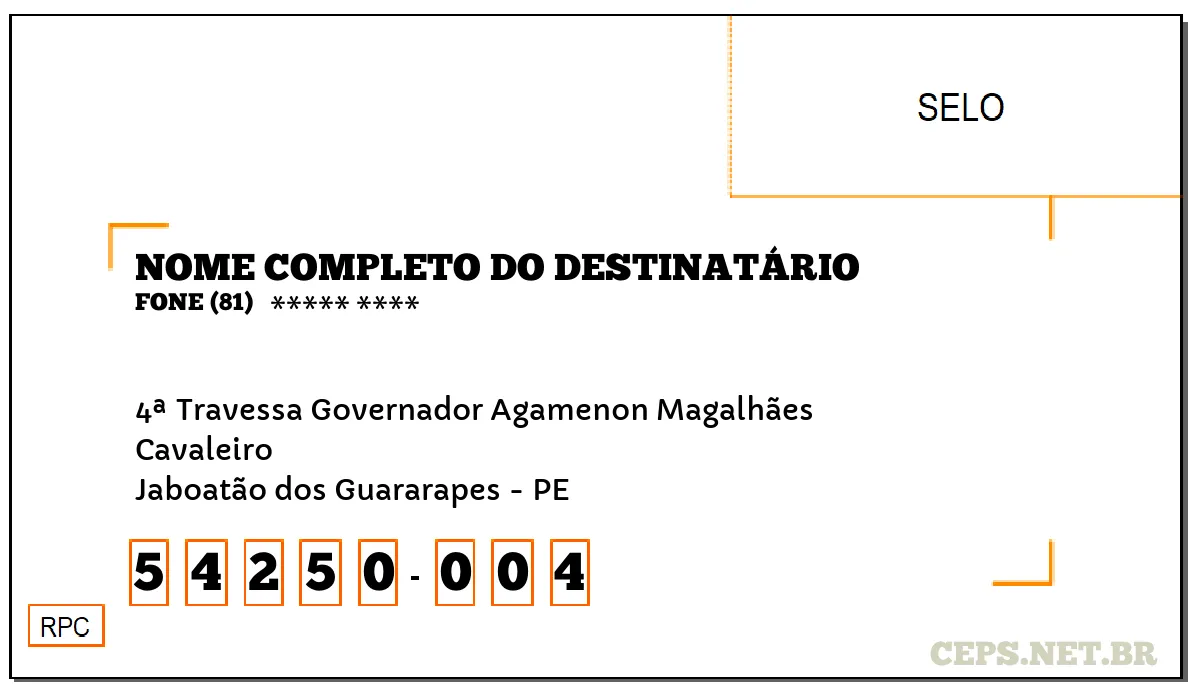CEP JABOATÃO DOS GUARARAPES - PE, DDD 81, CEP 54250004, 4ª TRAVESSA GOVERNADOR AGAMENON MAGALHÃES, BAIRRO CAVALEIRO.