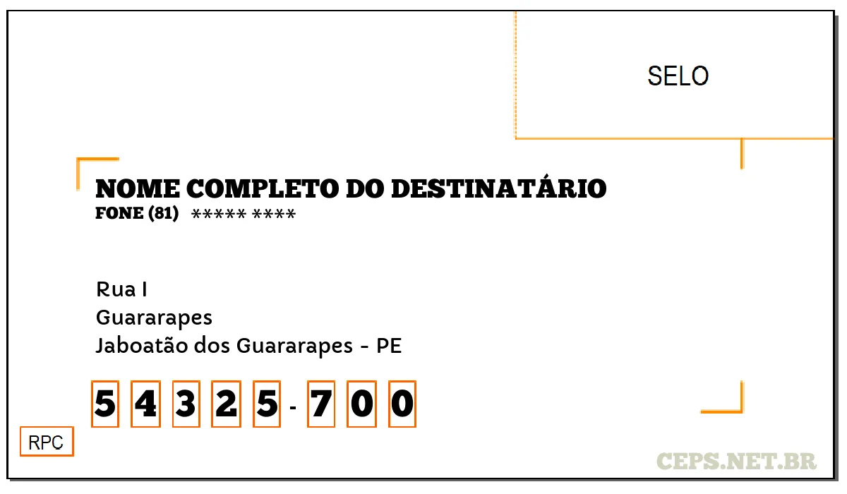 CEP JABOATÃO DOS GUARARAPES - PE, DDD 81, CEP 54325700, RUA I, BAIRRO GUARARAPES.