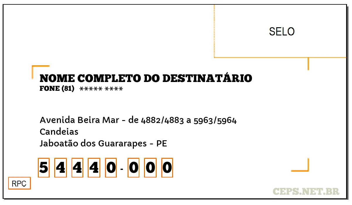 CEP JABOATÃO DOS GUARARAPES - PE, DDD 81, CEP 54440000, AVENIDA BEIRA MAR - DE 4882/4883 A 5963/5964, BAIRRO CANDEIAS.