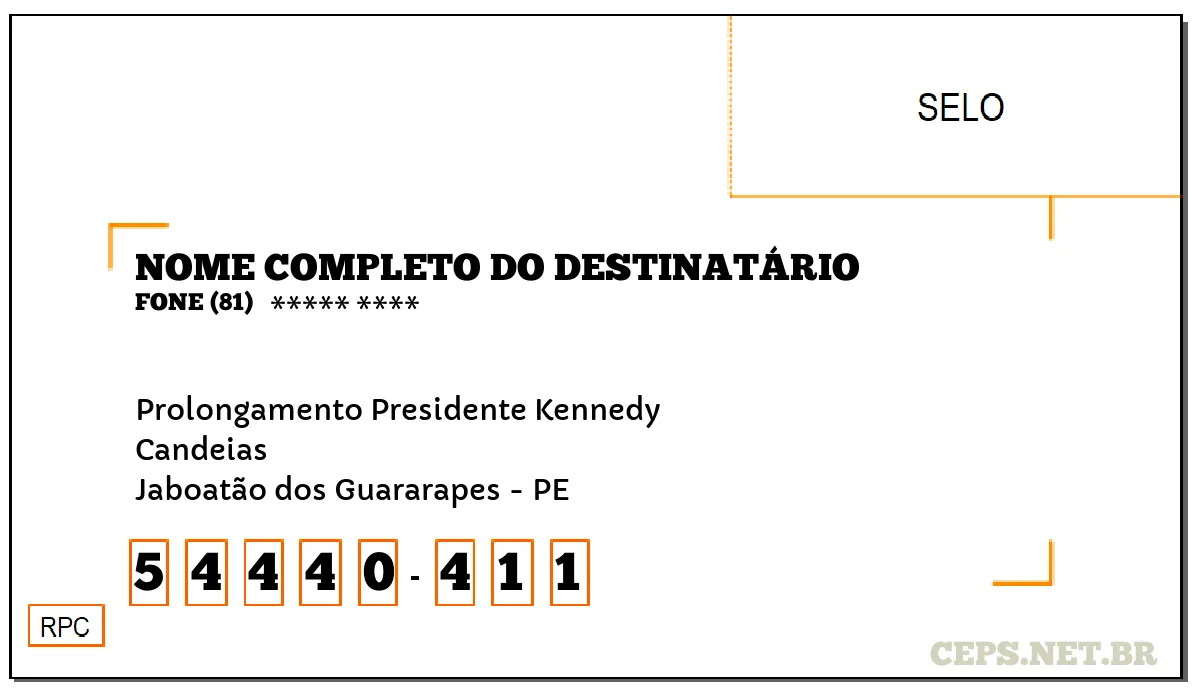 CEP JABOATÃO DOS GUARARAPES - PE, DDD 81, CEP 54440411, PROLONGAMENTO PRESIDENTE KENNEDY, BAIRRO CANDEIAS.