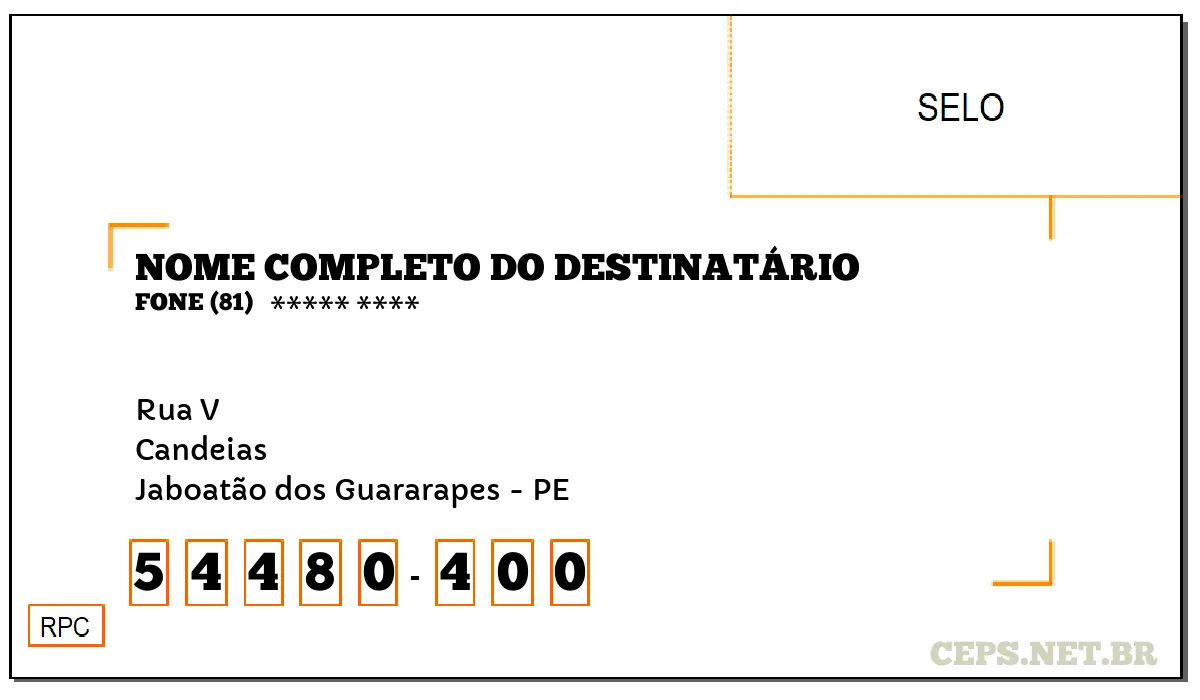 CEP JABOATÃO DOS GUARARAPES - PE, DDD 81, CEP 54480400, RUA V, BAIRRO CANDEIAS.