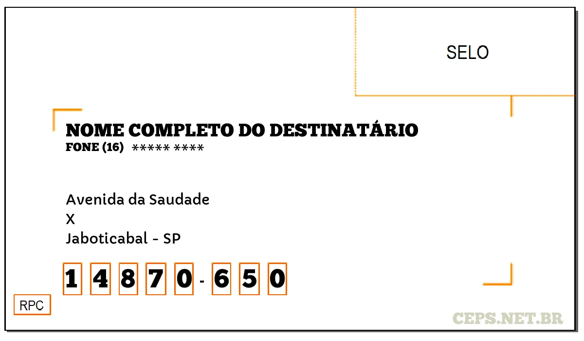 CEP JABOTICABAL - SP, DDD 16, CEP 14870650, AVENIDA DA SAUDADE, BAIRRO X.