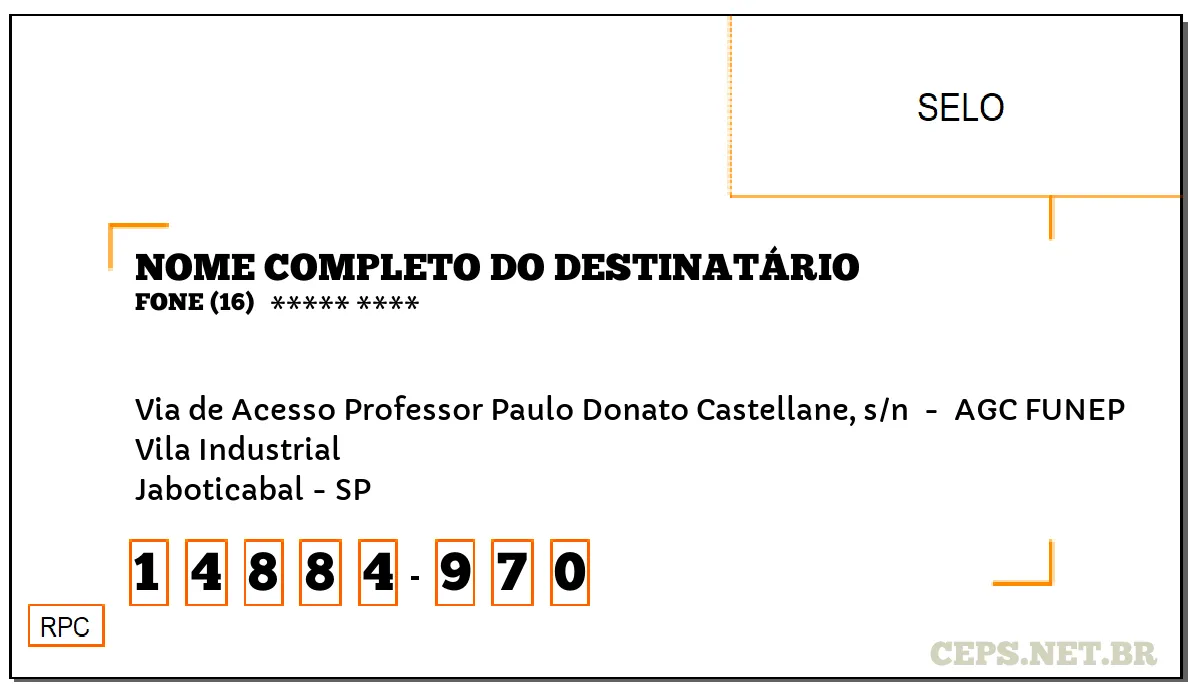 CEP JABOTICABAL - SP, DDD 16, CEP 14884970, VIA DE ACESSO PROFESSOR PAULO DONATO CASTELLANE, S/N , BAIRRO VILA INDUSTRIAL.