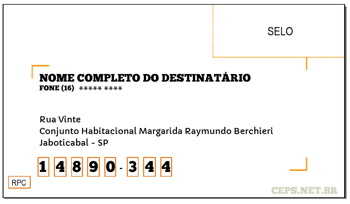 CEP JABOTICABAL - SP, DDD 16, CEP 14890344, RUA VINTE, BAIRRO CONJUNTO HABITACIONAL MARGARIDA RAYMUNDO BERCHIERI.