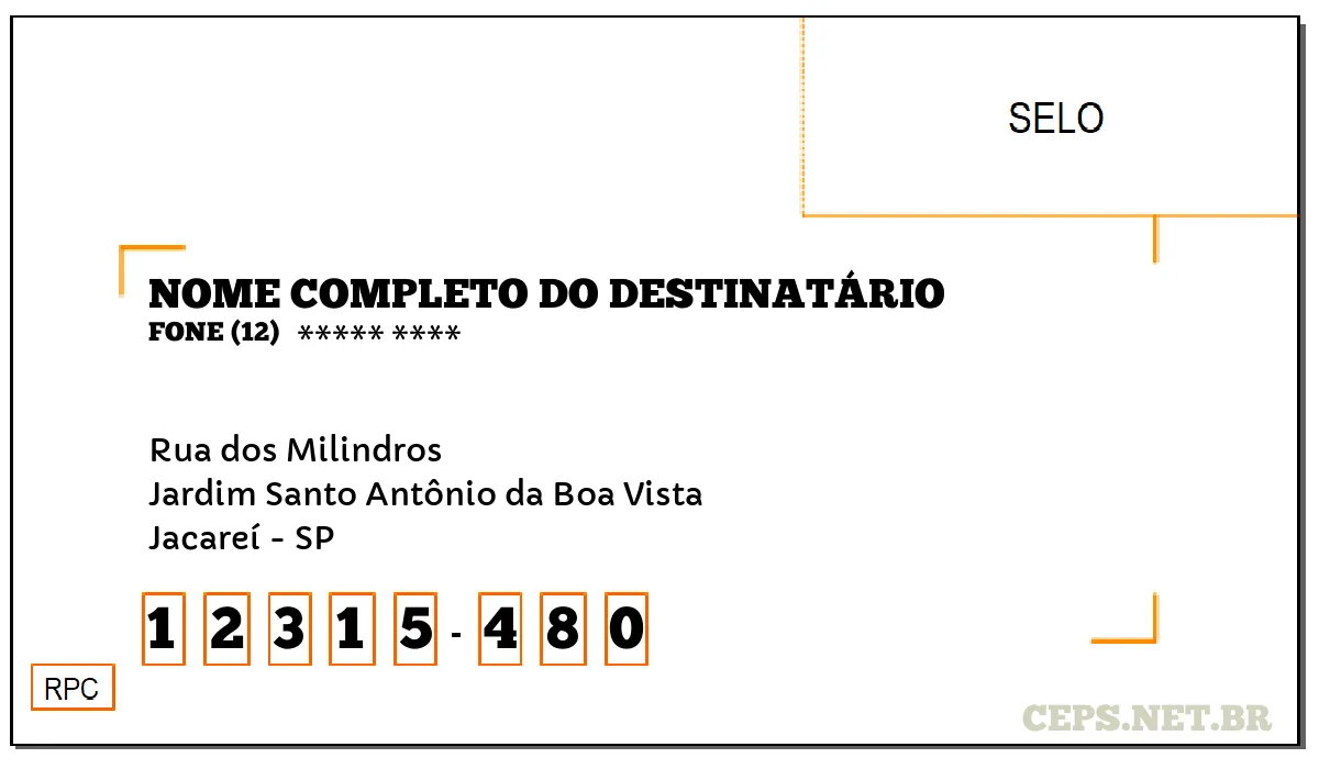 CEP JACAREÍ - SP, DDD 12, CEP 12315480, RUA DOS MILINDROS, BAIRRO JARDIM SANTO ANTÔNIO DA BOA VISTA.