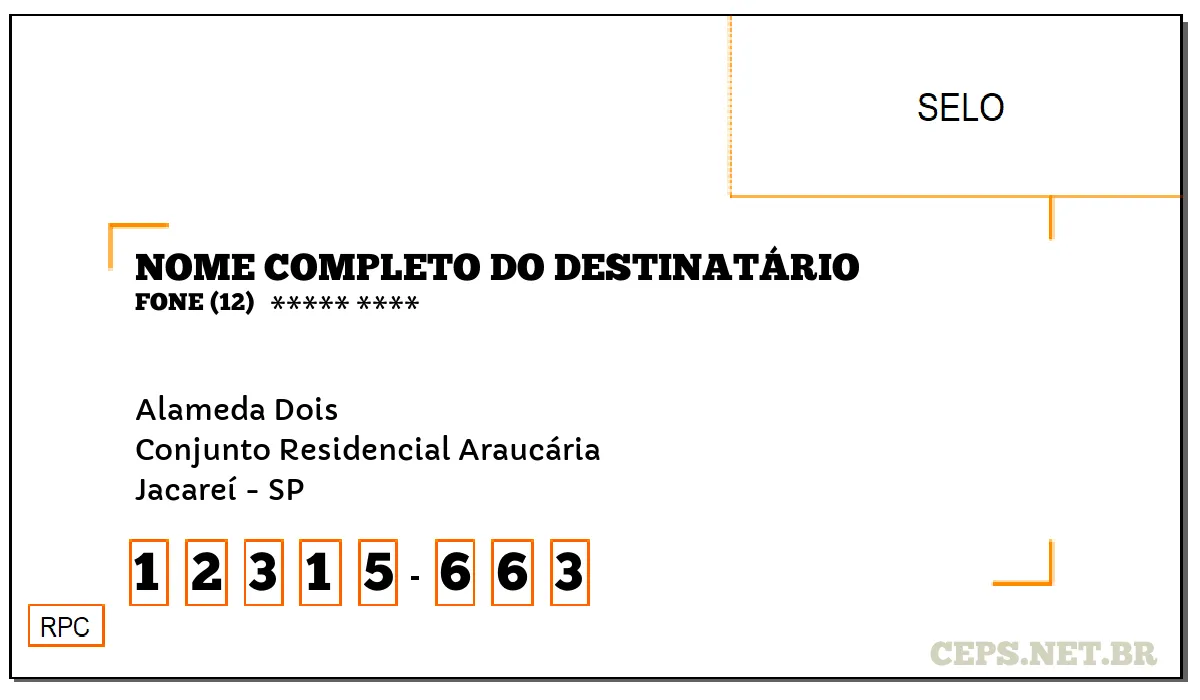 CEP JACAREÍ - SP, DDD 12, CEP 12315663, ALAMEDA DOIS, BAIRRO CONJUNTO RESIDENCIAL ARAUCÁRIA.