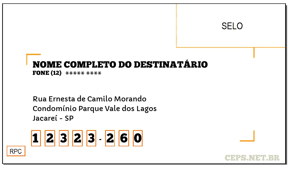 CEP JACAREÍ - SP, DDD 12, CEP 12323260, RUA ERNESTA DE CAMILO MORANDO, BAIRRO CONDOMÍNIO PARQUE VALE DOS LAGOS.