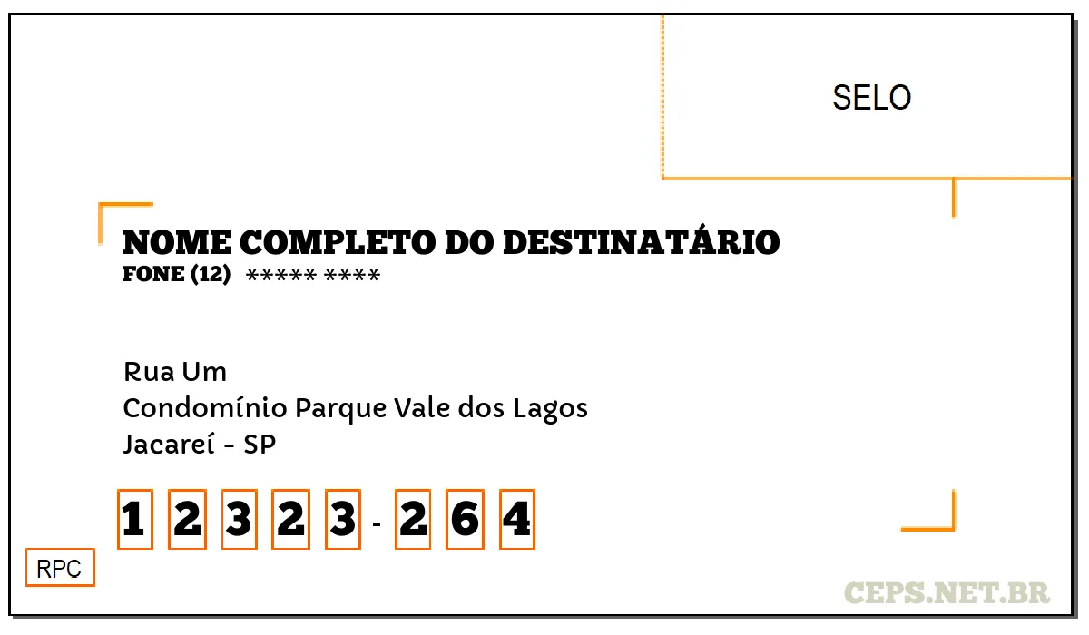 CEP JACAREÍ - SP, DDD 12, CEP 12323264, RUA UM, BAIRRO CONDOMÍNIO PARQUE VALE DOS LAGOS.