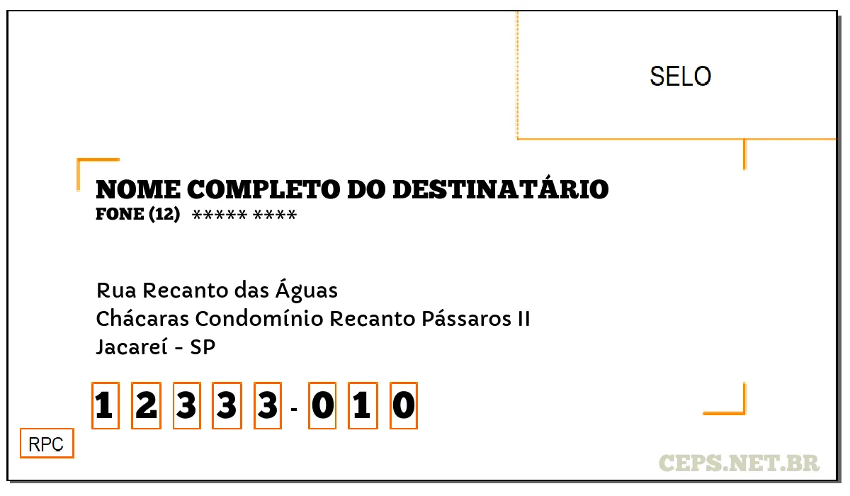 CEP JACAREÍ - SP, DDD 12, CEP 12333010, RUA RECANTO DAS ÁGUAS, BAIRRO CHÁCARAS CONDOMÍNIO RECANTO PÁSSAROS II.