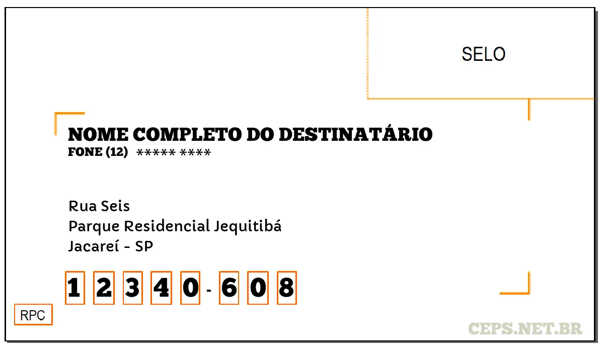 CEP JACAREÍ - SP, DDD 12, CEP 12340608, RUA SEIS, BAIRRO PARQUE RESIDENCIAL JEQUITIBÁ.