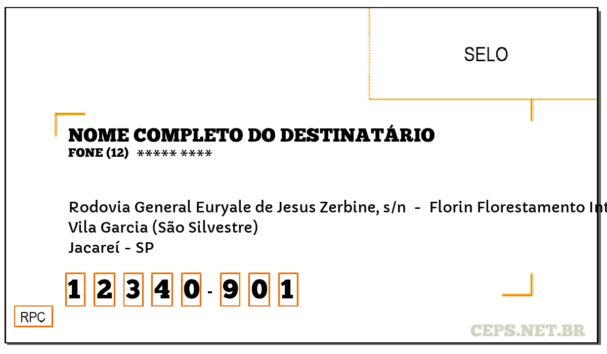 CEP JACAREÍ - SP, DDD 12, CEP 12340901, RODOVIA GENERAL EURYALE DE JESUS ZERBINE, S/N , BAIRRO VILA GARCIA (SÃO SILVESTRE).