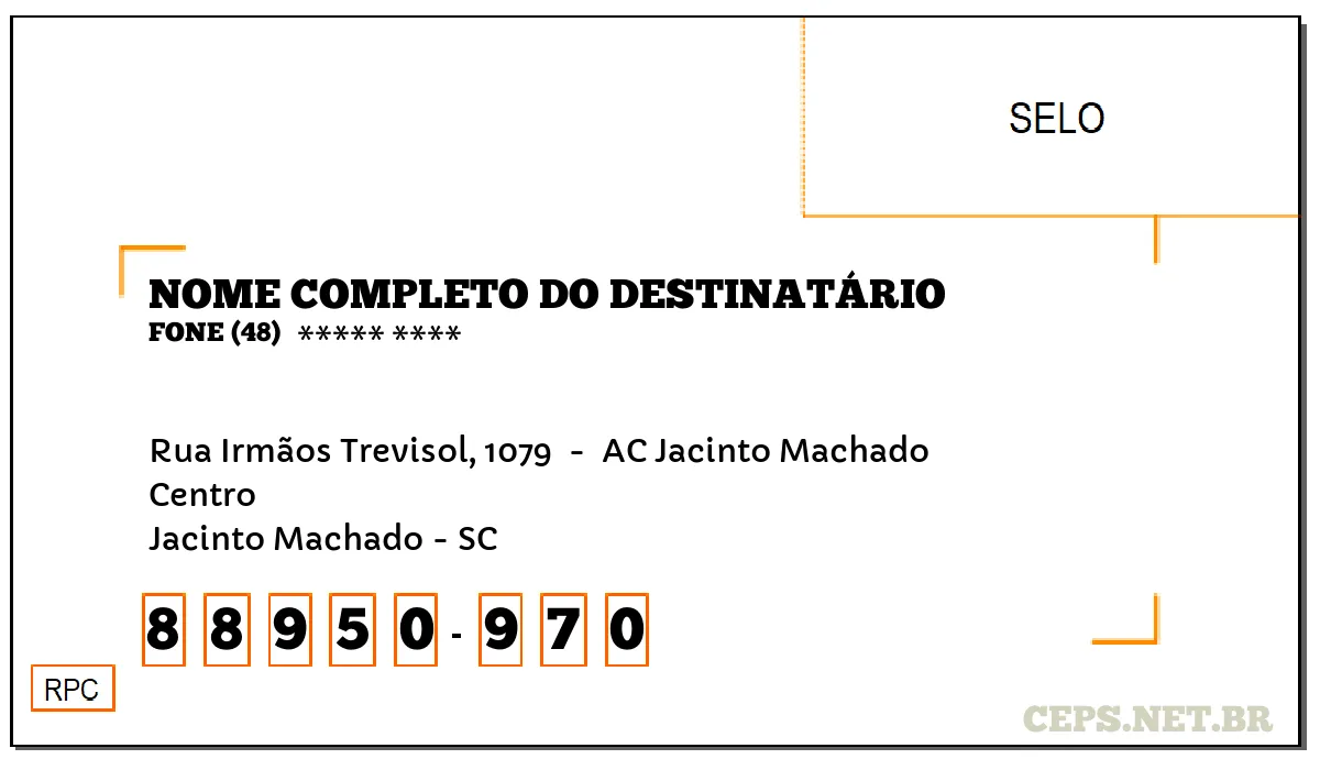 CEP JACINTO MACHADO - SC, DDD 48, CEP 88950970, RUA IRMÃOS TREVISOL, 1079 , BAIRRO CENTRO.