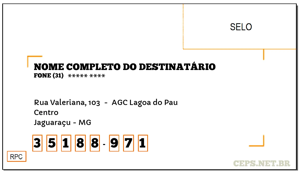 CEP JAGUARAÇU - MG, DDD 31, CEP 35188971, RUA VALERIANA, 103 , BAIRRO CENTRO.