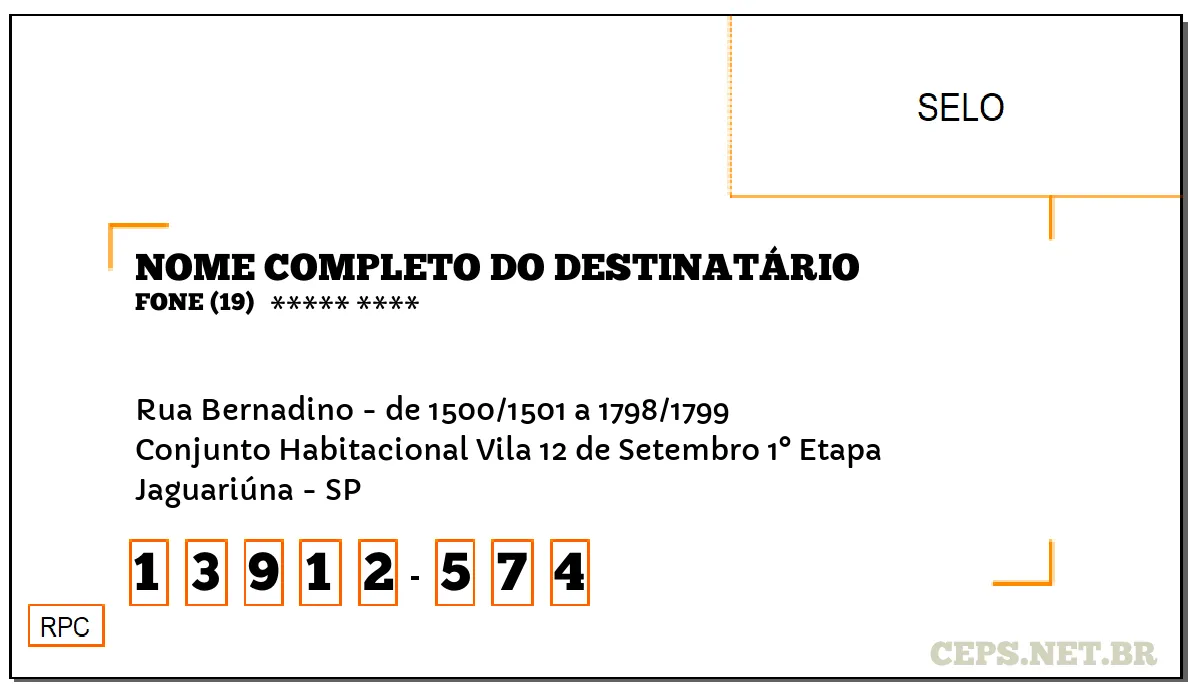 CEP JAGUARIÚNA - SP, DDD 19, CEP 13912574, RUA BERNADINO - DE 1500/1501 A 1798/1799, BAIRRO CONJUNTO HABITACIONAL VILA 12 DE SETEMBRO 1° ETAPA.