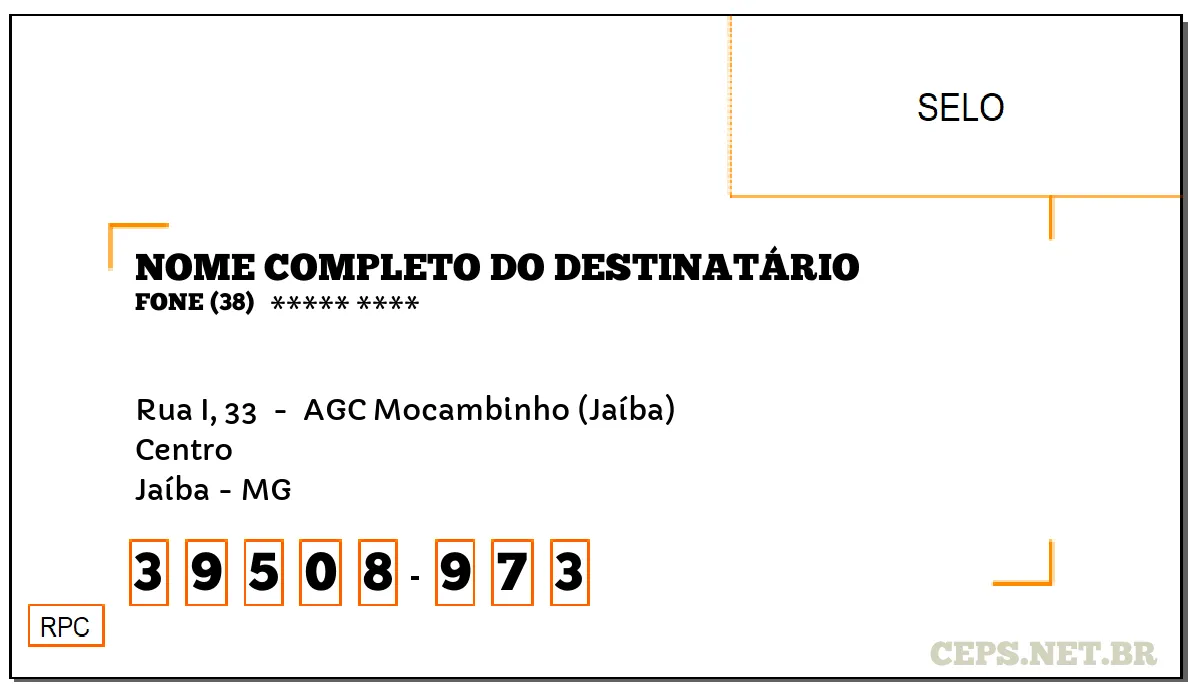 CEP JAÍBA - MG, DDD 38, CEP 39508973, RUA I, 33 , BAIRRO CENTRO.