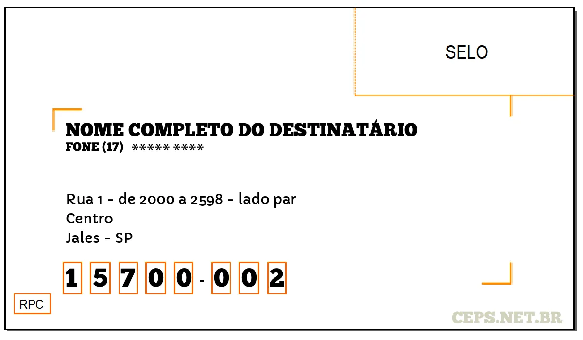 CEP JALES - SP, DDD 17, CEP 15700002, RUA 1 - DE 2000 A 2598 - LADO PAR, BAIRRO CENTRO.