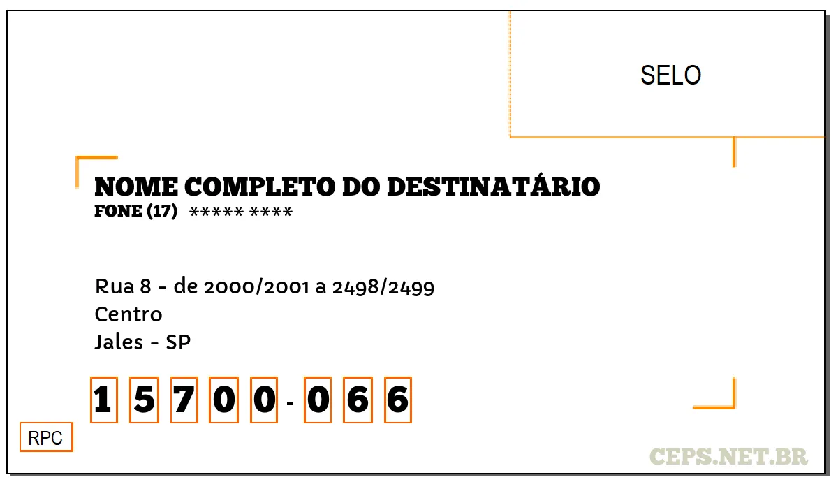 CEP JALES - SP, DDD 17, CEP 15700066, RUA 8 - DE 2000/2001 A 2498/2499, BAIRRO CENTRO.