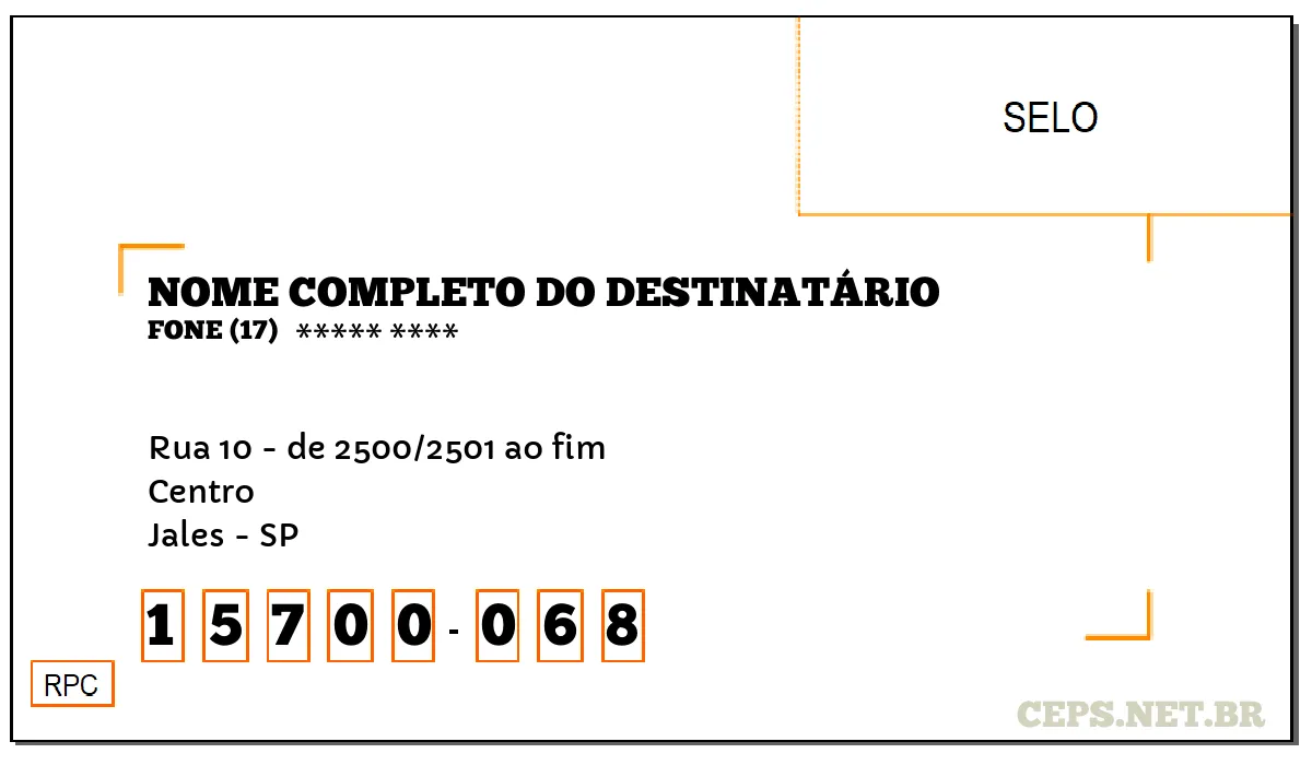 CEP JALES - SP, DDD 17, CEP 15700068, RUA 10 - DE 2500/2501 AO FIM, BAIRRO CENTRO.