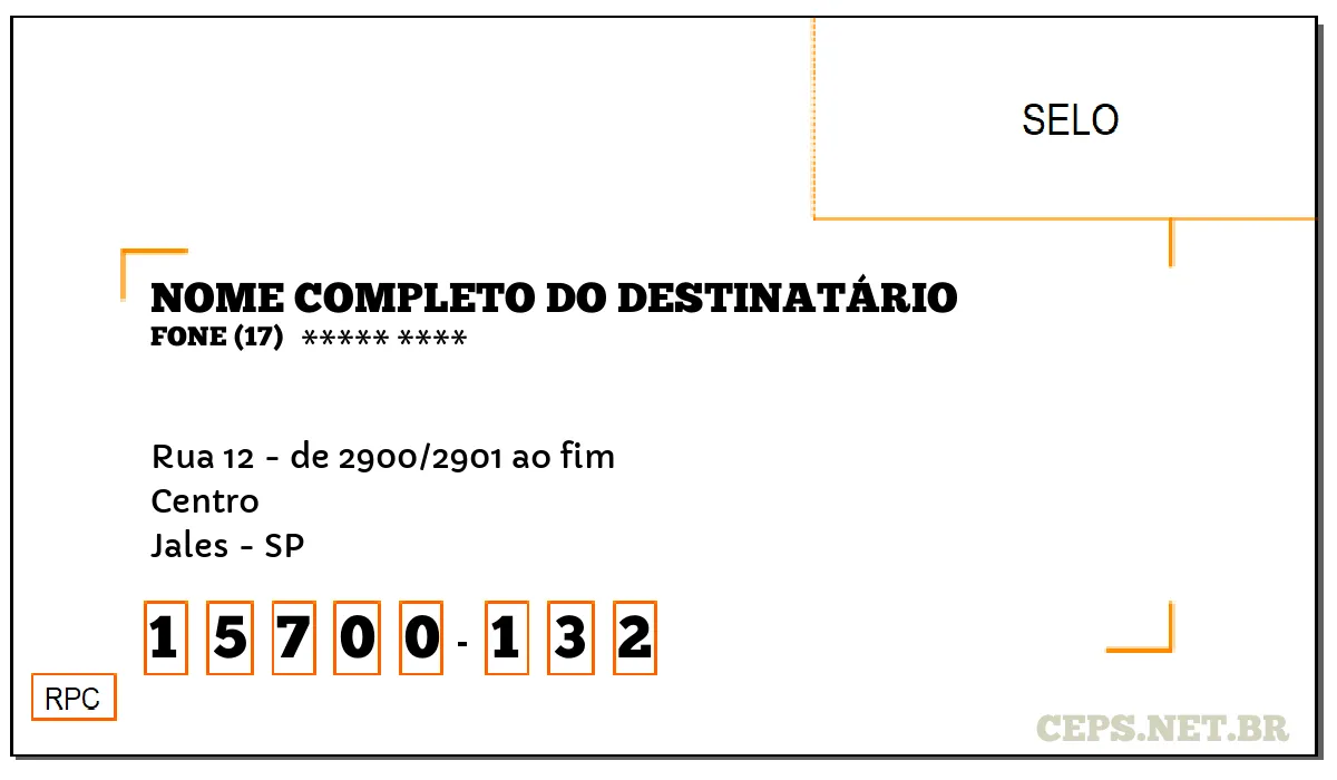 CEP JALES - SP, DDD 17, CEP 15700132, RUA 12 - DE 2900/2901 AO FIM, BAIRRO CENTRO.