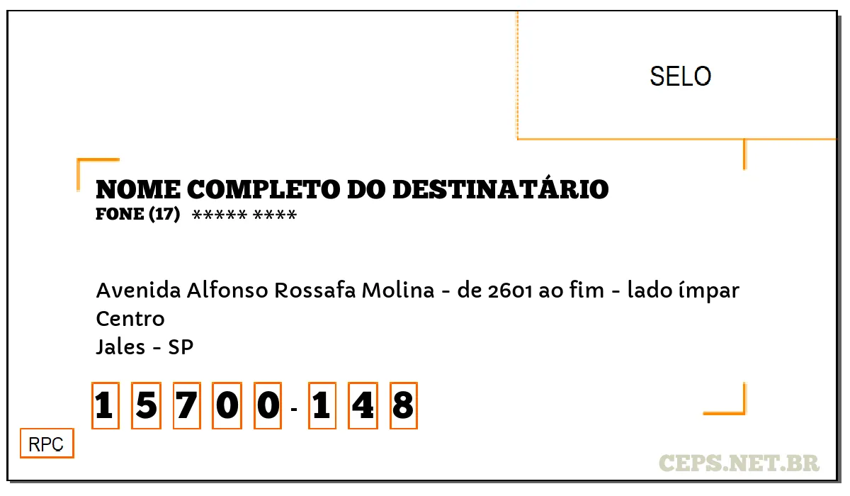 CEP JALES - SP, DDD 17, CEP 15700148, AVENIDA ALFONSO ROSSAFA MOLINA - DE 2601 AO FIM - LADO ÍMPAR, BAIRRO CENTRO.