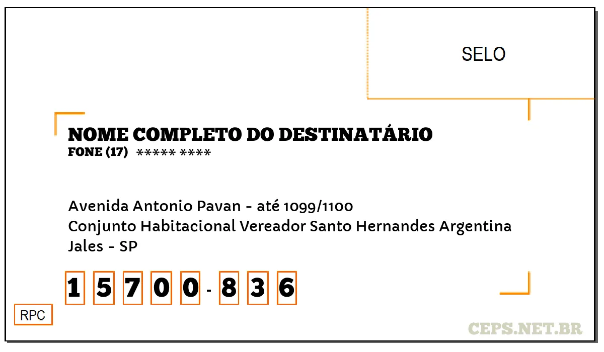 CEP JALES - SP, DDD 17, CEP 15700836, AVENIDA ANTONIO PAVAN - ATÉ 1099/1100, BAIRRO CONJUNTO HABITACIONAL VEREADOR SANTO HERNANDES ARGENTINA.