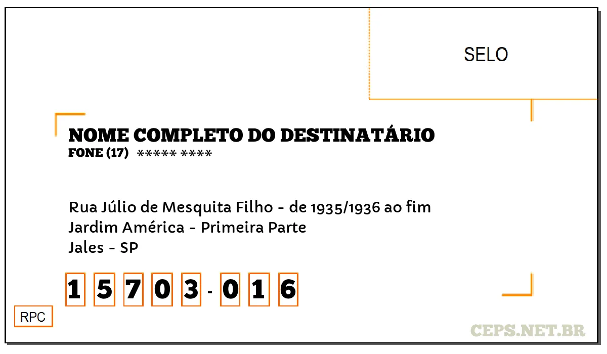 CEP JALES - SP, DDD 17, CEP 15703016, RUA JÚLIO DE MESQUITA FILHO - DE 1935/1936 AO FIM, BAIRRO JARDIM AMÉRICA - PRIMEIRA PARTE.