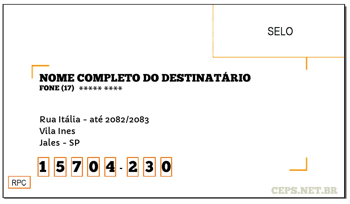 CEP JALES - SP, DDD 17, CEP 15704230, RUA ITÁLIA - ATÉ 2082/2083, BAIRRO VILA INES.