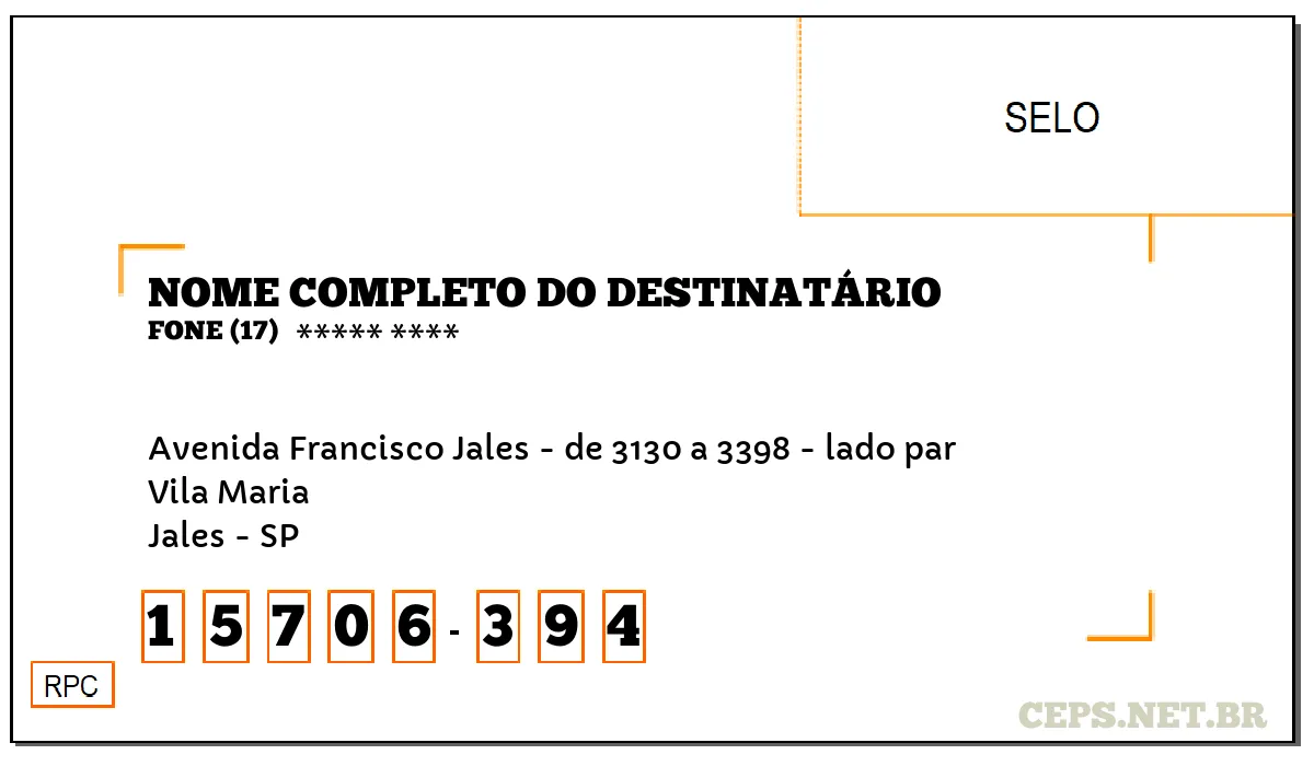 CEP JALES - SP, DDD 17, CEP 15706394, AVENIDA FRANCISCO JALES - DE 3130 A 3398 - LADO PAR, BAIRRO VILA MARIA.