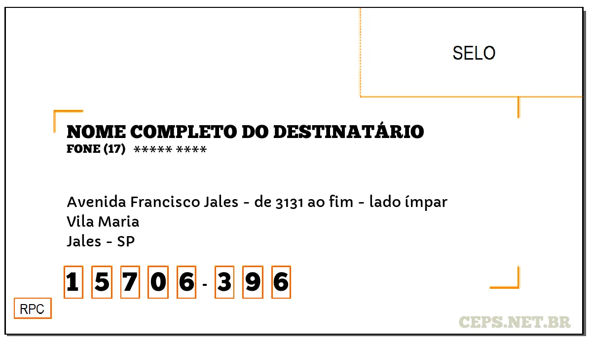 CEP JALES - SP, DDD 17, CEP 15706396, AVENIDA FRANCISCO JALES - DE 3131 AO FIM - LADO ÍMPAR, BAIRRO VILA MARIA.