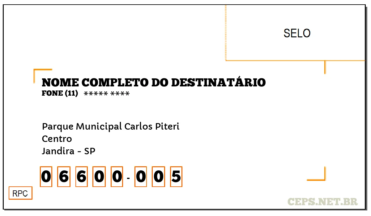 CEP JANDIRA - SP, DDD 11, CEP 06600005, PARQUE MUNICIPAL CARLOS PITERI, BAIRRO CENTRO.