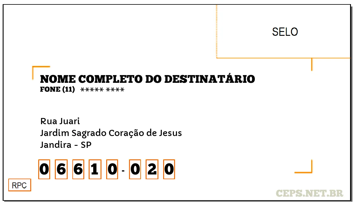 CEP JANDIRA - SP, DDD 11, CEP 06610020, RUA JUARI, BAIRRO JARDIM SAGRADO CORAÇÃO DE JESUS.