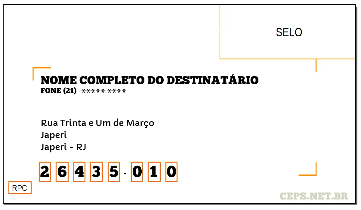 CEP JAPERI - RJ, DDD 21, CEP 26435010, RUA TRINTA E UM DE MARÇO, BAIRRO JAPERI.