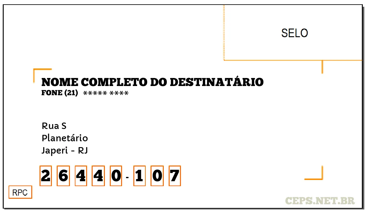 CEP JAPERI - RJ, DDD 21, CEP 26440107, RUA S, BAIRRO PLANETÁRIO.